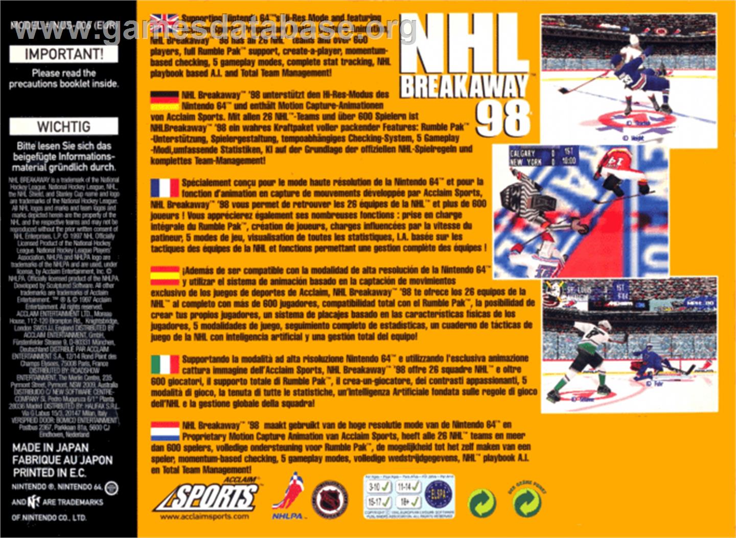 NHL Breakaway 98 - Nintendo N64 - Artwork - Box Back