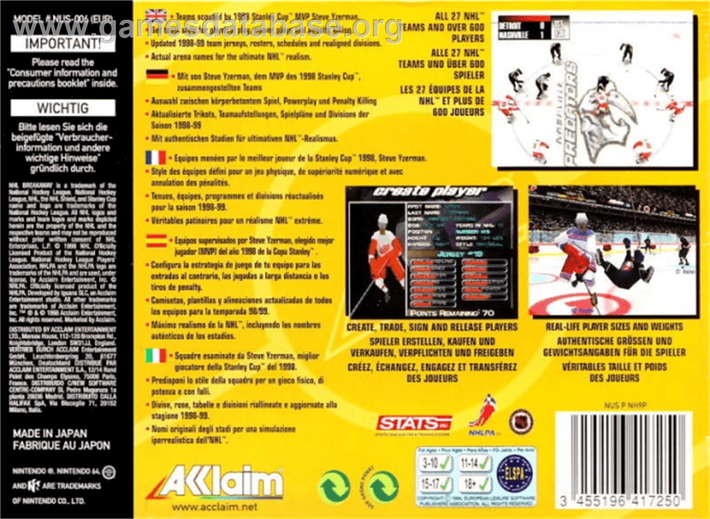 NHL Breakaway 99 - Nintendo N64 - Artwork - Box Back