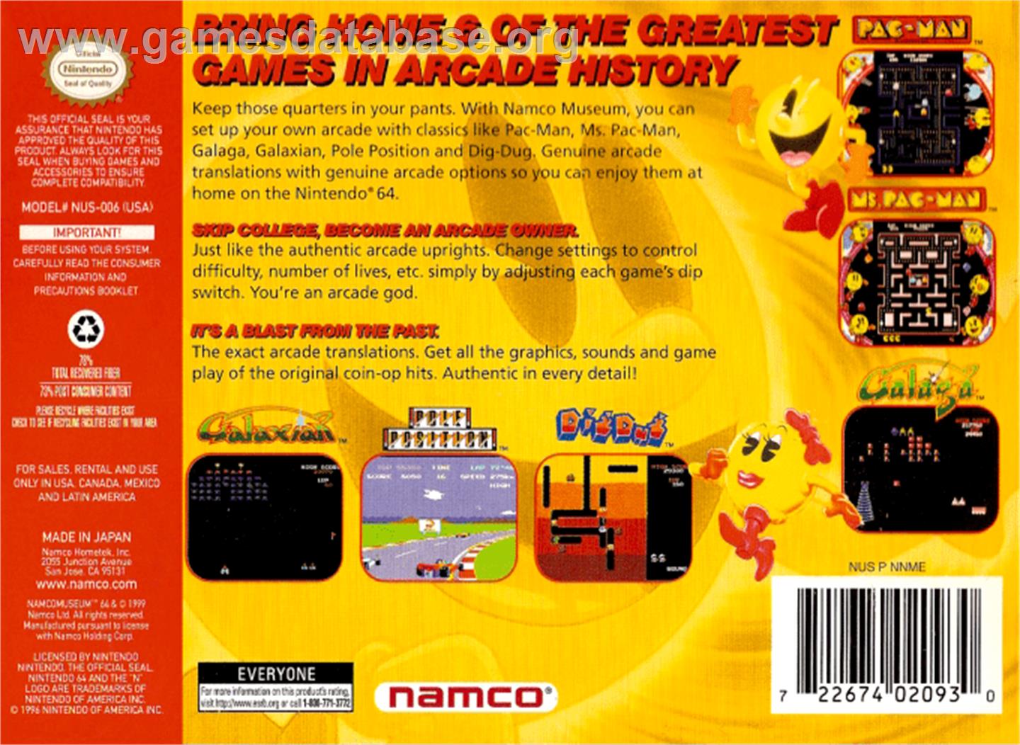 Namco Museum 64 - Nintendo N64 - Artwork - Box Back