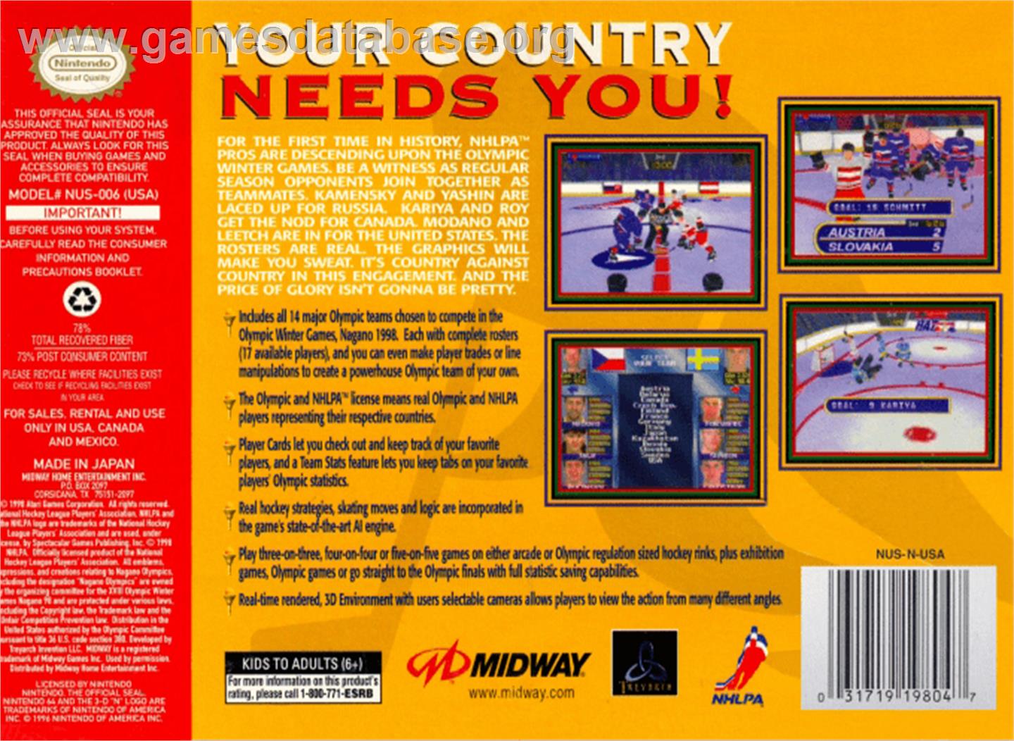 Olympic Hockey Nagano '98 - Nintendo N64 - Artwork - Box Back