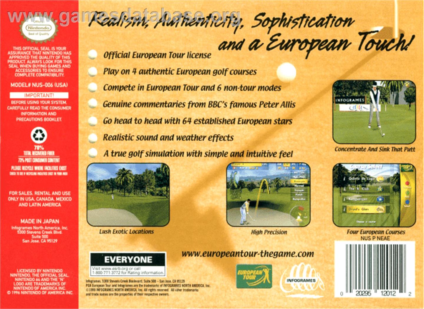 PGA European Tour - Nintendo N64 - Artwork - Box Back