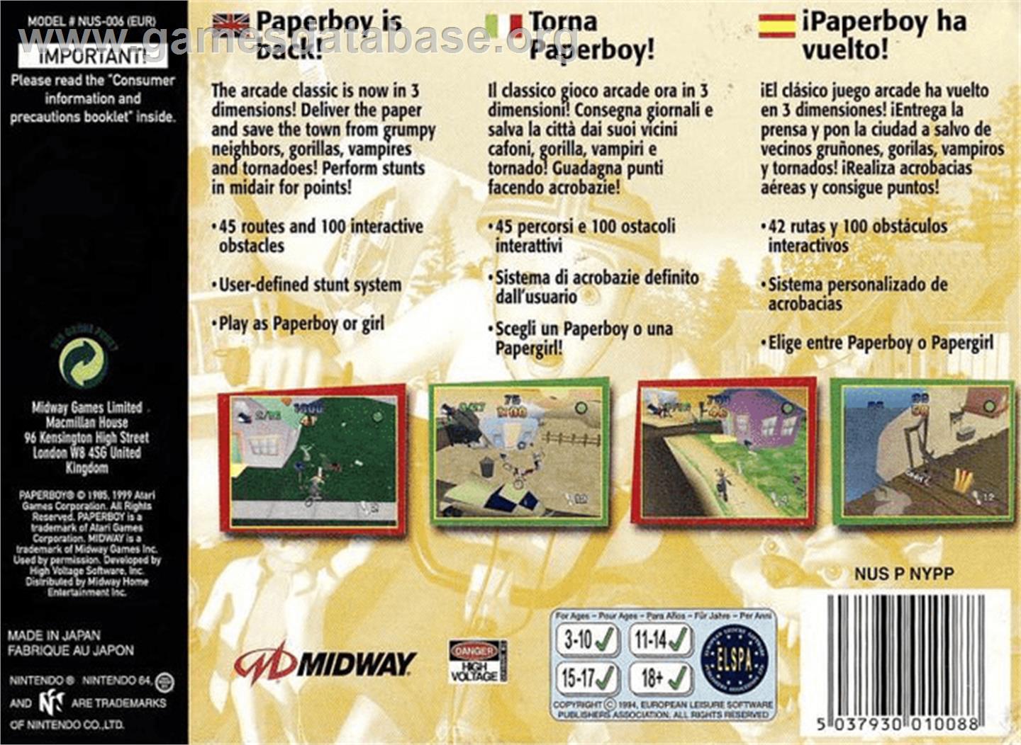 Paperboy - Nintendo N64 - Artwork - Box Back