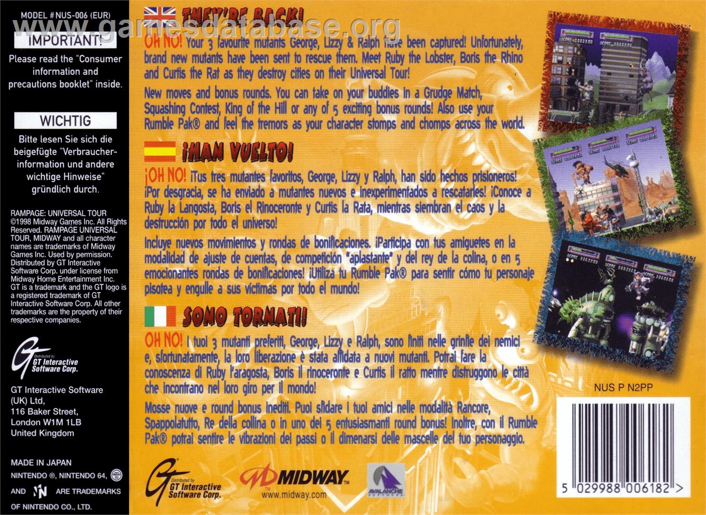 Rampage: Universal Tour - Nintendo N64 - Artwork - Box Back