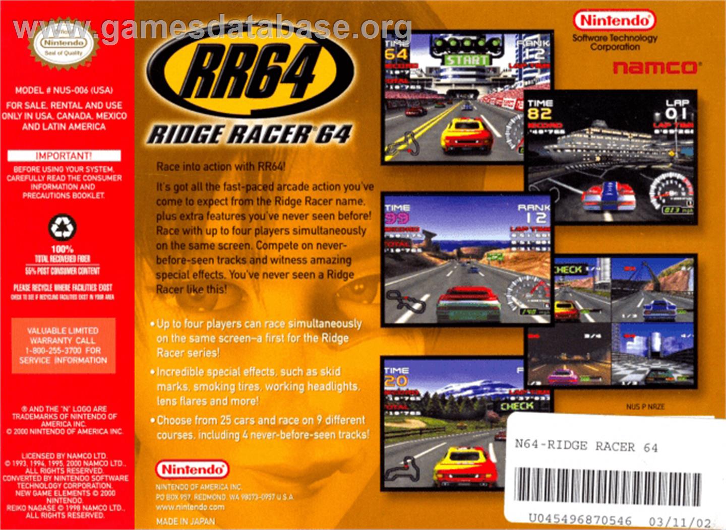 Ridge Racer 64 - Nintendo N64 - Artwork - Box Back