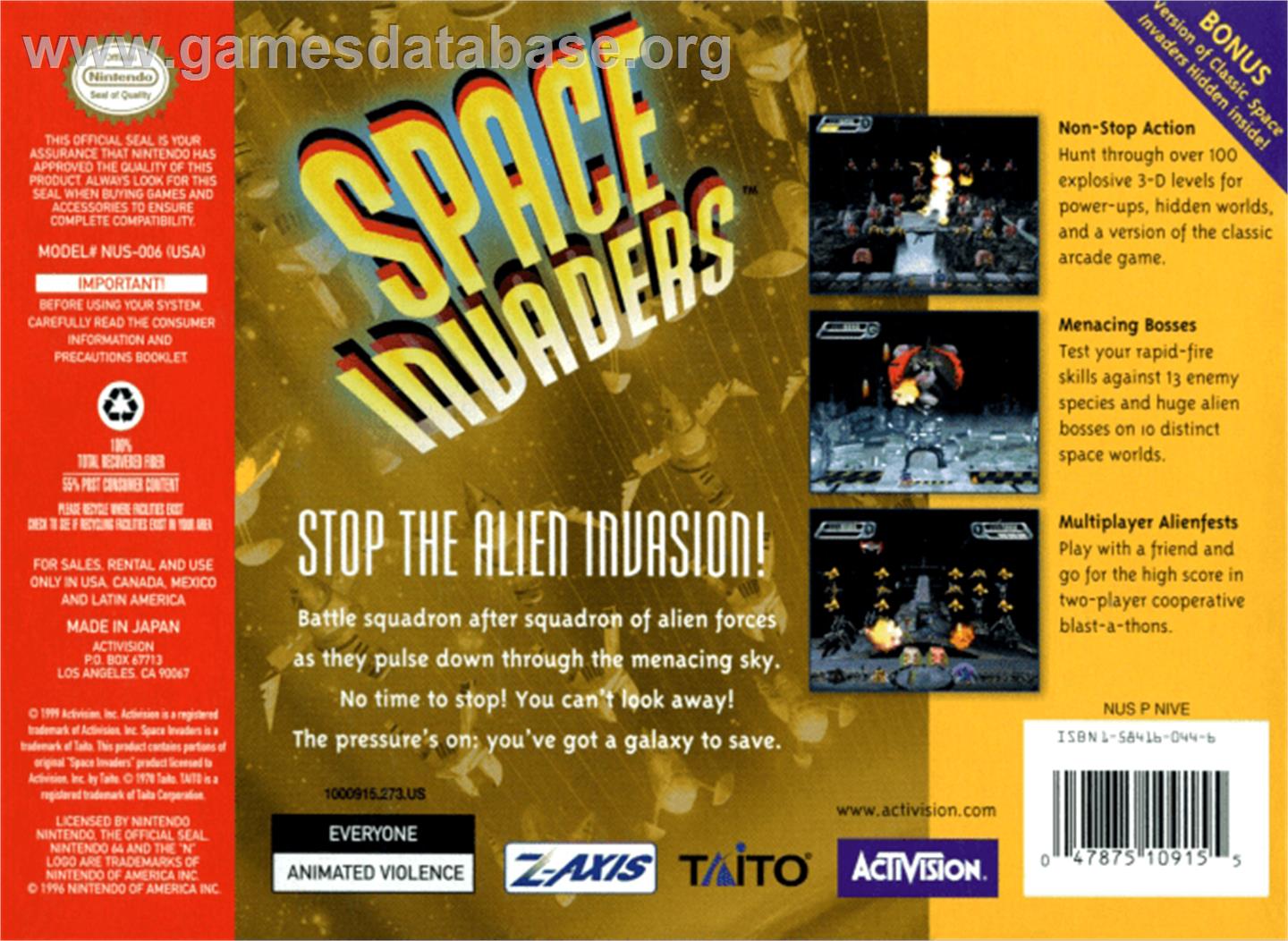 Space Invaders - Nintendo N64 - Artwork - Box Back