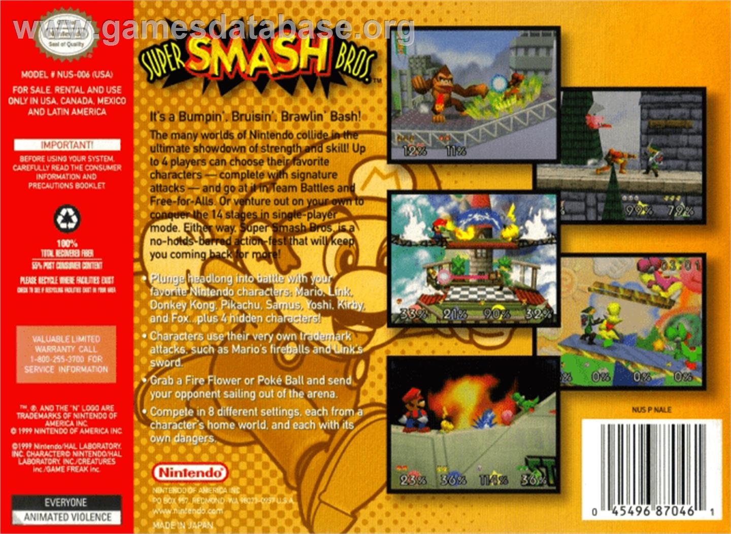Super Smash Bros. - Nintendo N64 - Artwork - Box Back