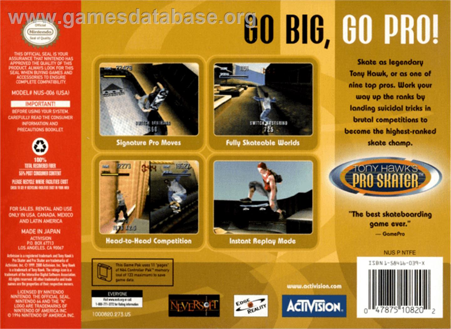 Tony Hawk's Pro Skater - Nintendo N64 - Artwork - Box Back