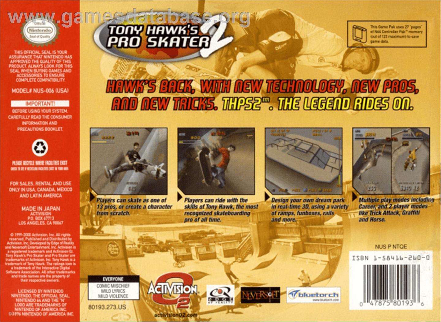 Tony Hawk's Pro Skater 2 - Nintendo N64 - Artwork - Box Back
