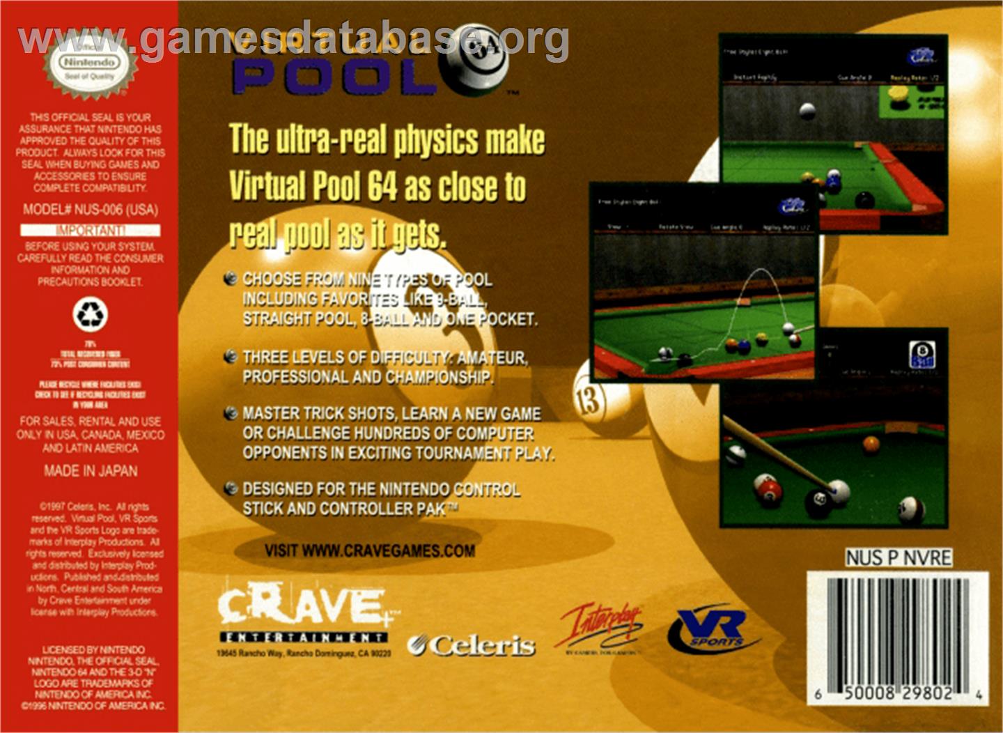 Virtual Pool 64 - Nintendo N64 - Artwork - Box Back