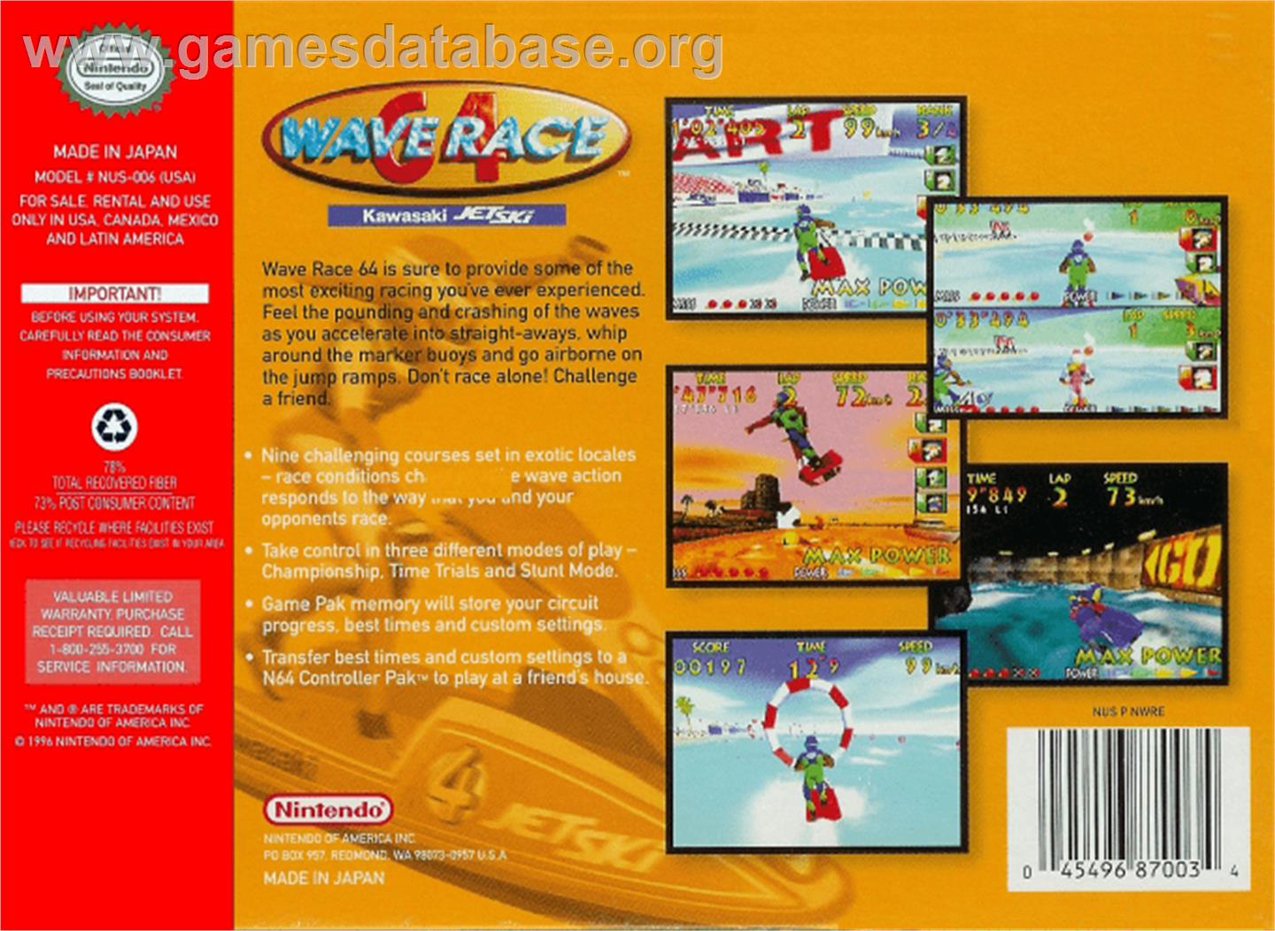 Wave Race 64: Shindou Edition - Nintendo N64 - Artwork - Box Back