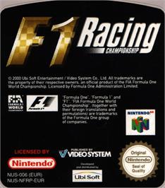 Top of cartridge artwork for F1 Racing Championship on the Nintendo N64.