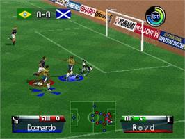 In game image of International Superstar Soccer '98 on the Nintendo N64.
