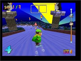 In game image of Snowboard Kids on the Nintendo N64.