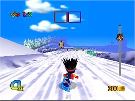 In game image of Snowboard Kids 2 on the Nintendo N64.