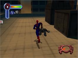 In game image of Spider-Man on the Nintendo N64.