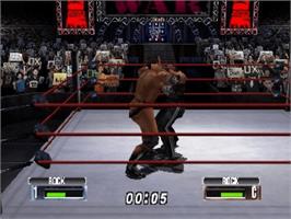In game image of WWF No Mercy on the Nintendo N64.