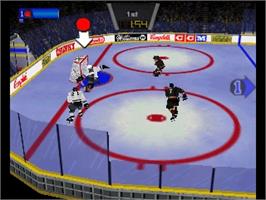 In game image of Wayne Gretzky's 3D Hockey on the Nintendo N64.