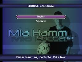 Title screen of Mia Hamm Soccer 64 on the Nintendo N64.