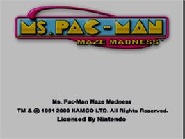 Title screen of Ms. Pac-Man Maze Madness on the Nintendo N64.