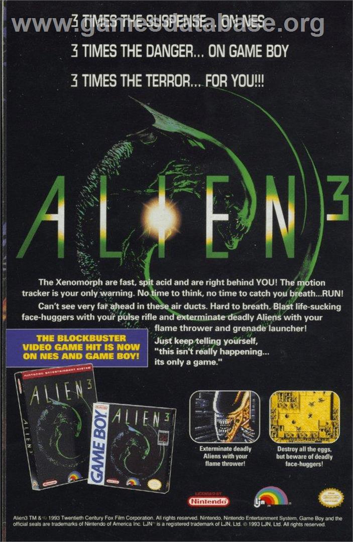 Alien³ - Nintendo Game Boy - Artwork - Advert