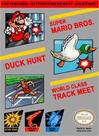 Box cover for Super Mario Bros, Duck Hunt, & World Class Track Meet on the Nintendo NES.