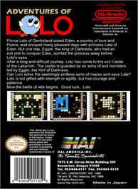 Box back cover for Adventures of Lolo on the Nintendo NES.