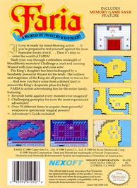 Box back cover for Faria: A World of Mystery and Danger on the Nintendo NES.