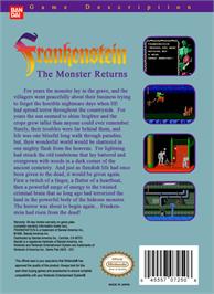 Box back cover for Frankenstein: The Monster Returns on the Nintendo NES.
