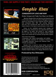 Box back cover for Genghis Khan on the Nintendo NES.