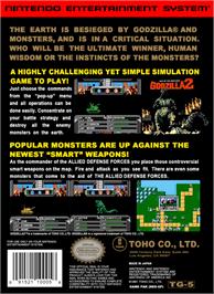Box back cover for Godzilla 2: War of the Monsters on the Nintendo NES.