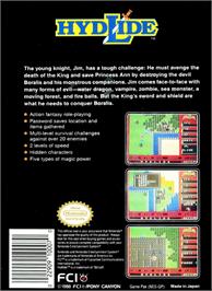 Box back cover for Hydlide on the Nintendo NES.