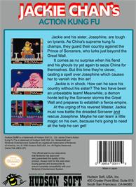 Box back cover for Jackie Chan's Action Kung Fu on the Nintendo NES.