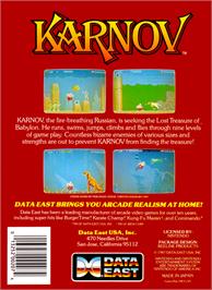Box back cover for Karnov on the Nintendo NES.