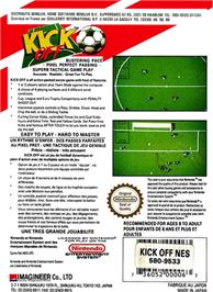 Box back cover for Kick Off on the Nintendo NES.