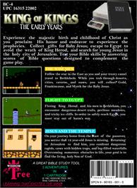 Box back cover for King of Kings: The Early Years on the Nintendo NES.