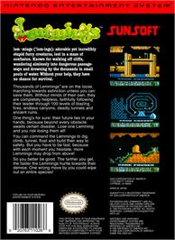 Box back cover for Lemmings on the Nintendo NES.