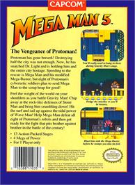Box back cover for Mega Man 5 on the Nintendo NES.