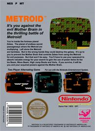 Box back cover for Metroid on the Nintendo NES.