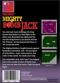Box back cover for Mighty Bombjack on the Nintendo NES.