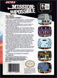Box back cover for Mission Impossible on the Nintendo NES.