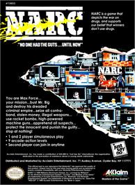 Box back cover for Narc on the Nintendo NES.