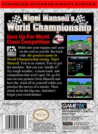 Box back cover for Nigel Mansell's World Championship on the Nintendo NES.