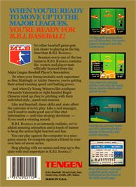Box back cover for RBI Baseball on the Nintendo NES.