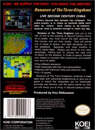 Box back cover for Romance of the Three Kingdoms on the Nintendo NES.