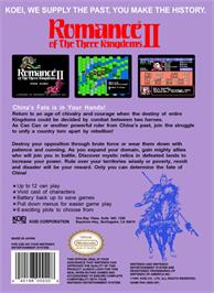 Box back cover for Romance of the Three Kingdoms 2 on the Nintendo NES.