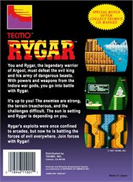 Box back cover for Rygar on the Nintendo NES.