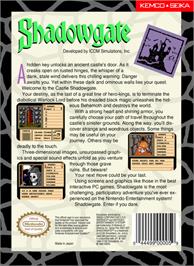 Box back cover for Shadowgate on the Nintendo NES.