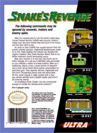 Box back cover for Snake's Revenge on the Nintendo NES.