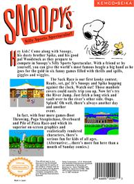 Box back cover for Snoopy's Silly Sports Spectacular on the Nintendo NES.