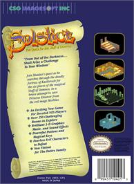 Box back cover for Solstice: The Quest for the Staff of Demnos on the Nintendo NES.